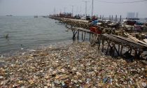Plastic waste is seen on the north coast of Jakarta, Indonesia on Thursday